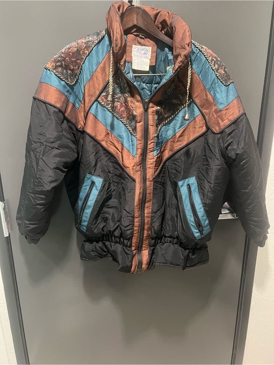 Clipper Bay Jackets & Blazers - Vtg Clipper Bay Ski Puffer Coat Black/Brown/Teal Baroque Floral Chevron Size M
